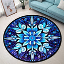 Blue Stained Glass Snowflake Frozen Floral Mandala Stained Glass Round Rug