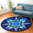 Blue Stained Glass Snowflake Frozen Floral Mandala Stained Glass Round Rug
