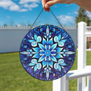 Blue Snowflake Frozen Floral Mandala Round Stained Glass Suncatcher