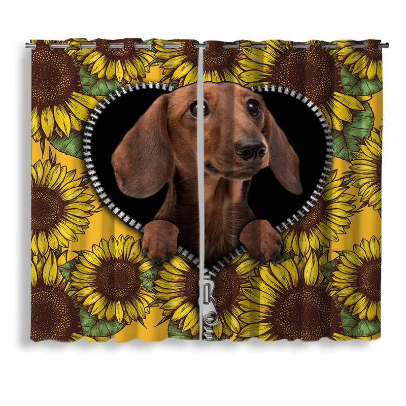 Brown Dachshund Sunflower Zipper Window Curtain