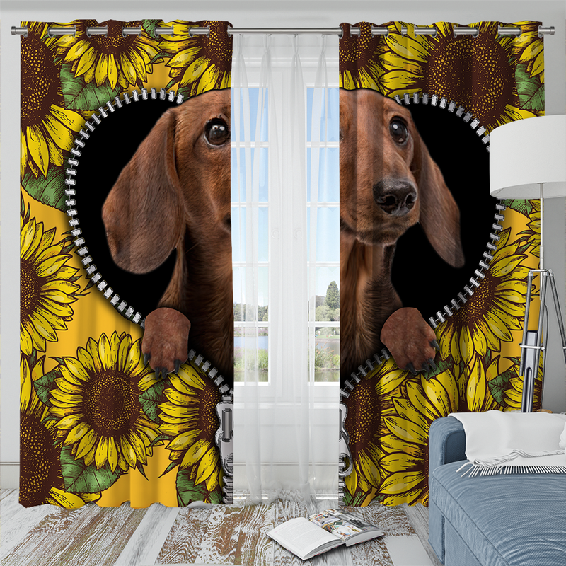 Brown Dachshund Sunflower Zipper Window Curtain