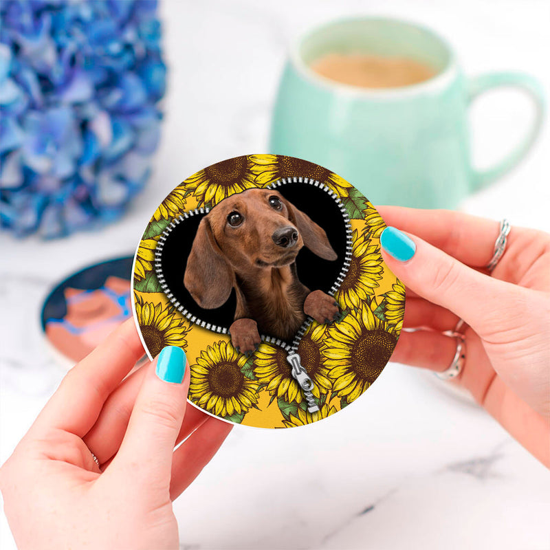 Brown Dachshund Sunflower Zipper Ceramic Decor Coaster - Gift Idea