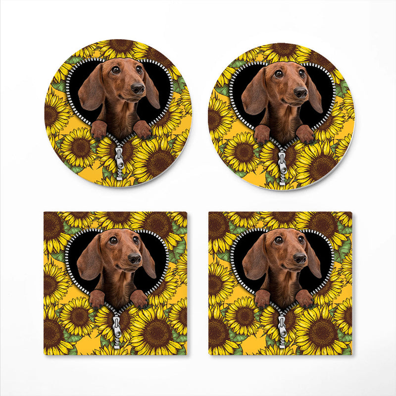 Brown Dachshund Sunflower Zipper Ceramic Decor Coaster - Gift Idea