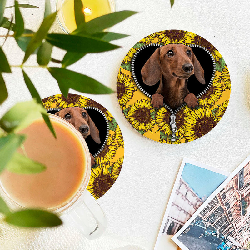 Brown Dachshund Sunflower Zipper Ceramic Decor Coaster - Gift Idea