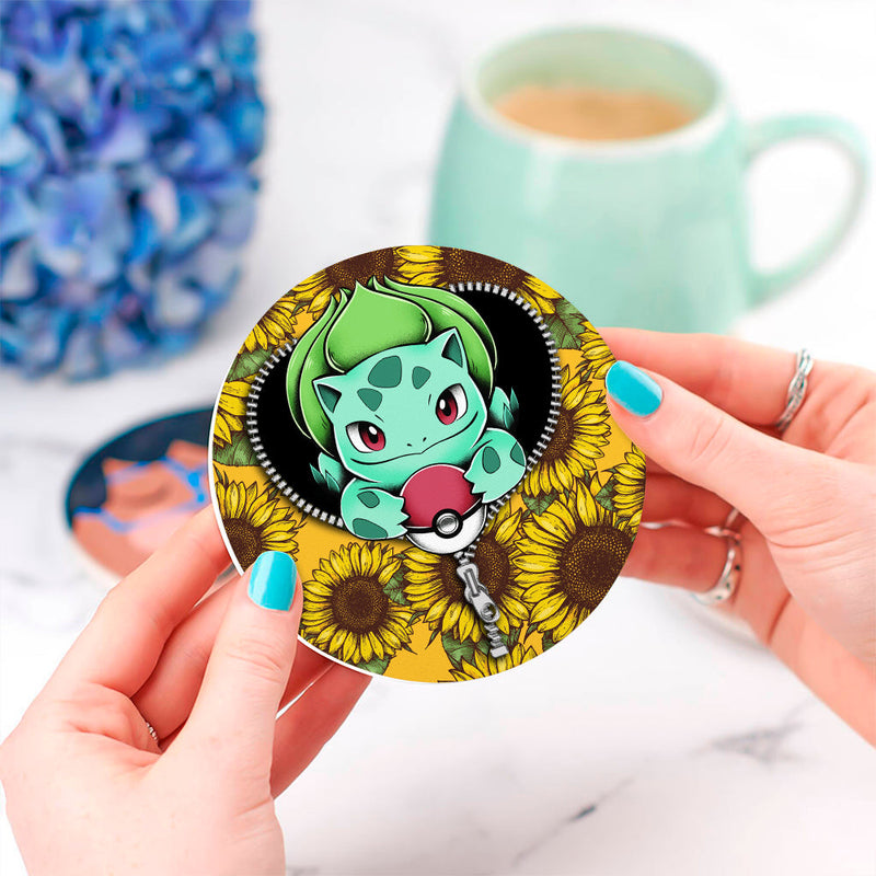 Bulbasaur Pokemon Sunflower Zipper Ceramic Decor Coaster - Gift Idea