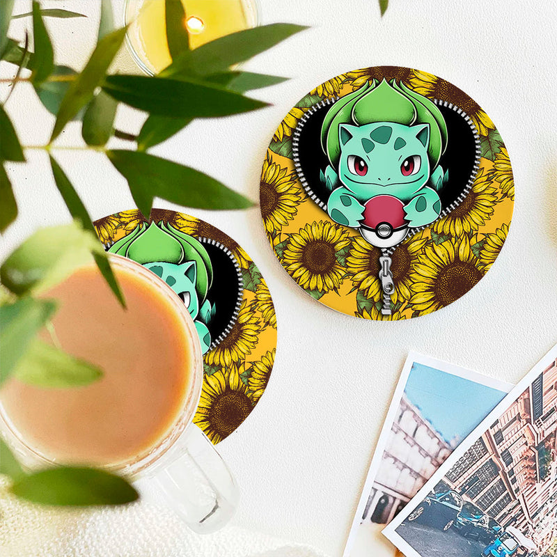 Bulbasaur Pokemon Sunflower Zipper Ceramic Decor Coaster - Gift Idea