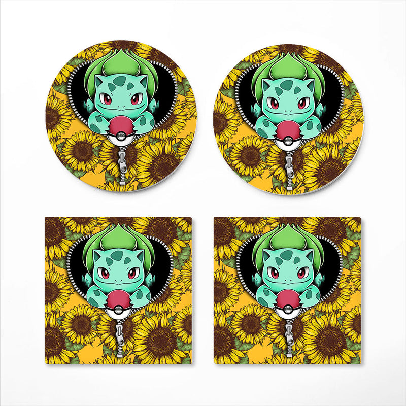 Bulbasaur Pokemon Sunflower Zipper Ceramic Decor Coaster - Gift Idea