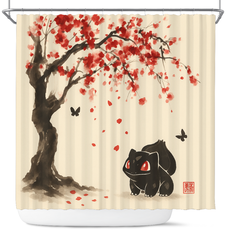 Bulbasaur Pokemon Under Cherry Blossom Japan Ink Style Shower Curtain