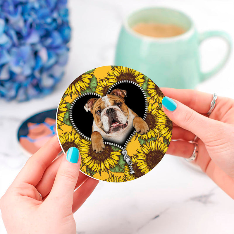 Bull Dog Sunflower Zipper Ceramic Decor Coaster - Gift Idea