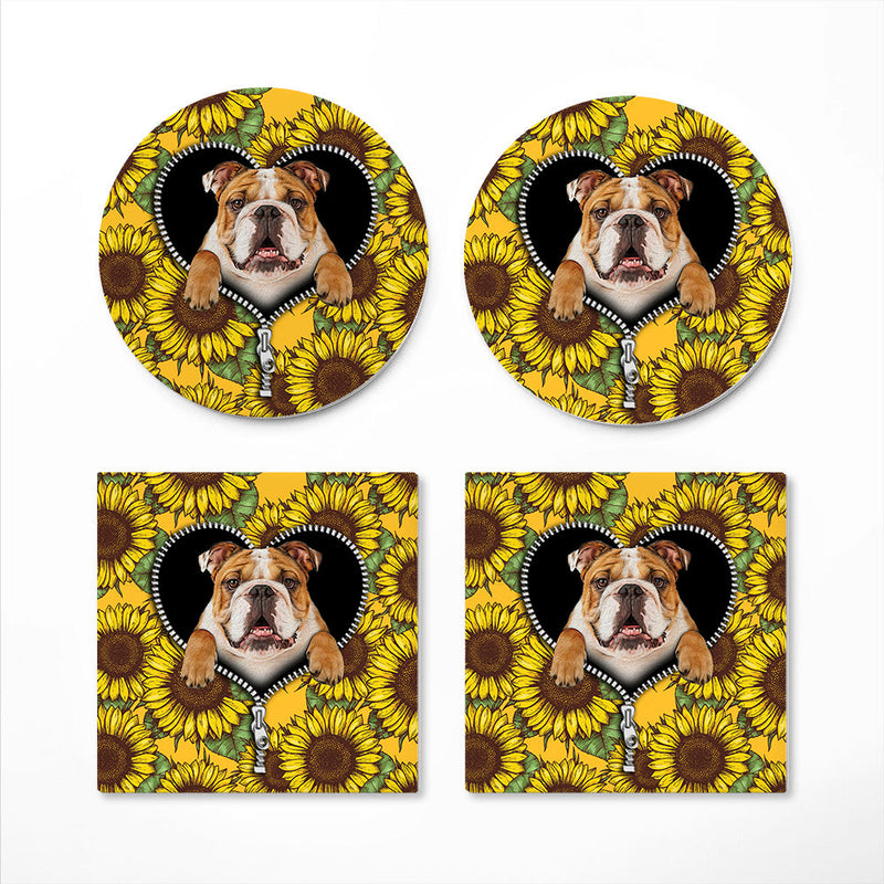 Bull Dog Sunflower Zipper Ceramic Decor Coaster - Gift Idea