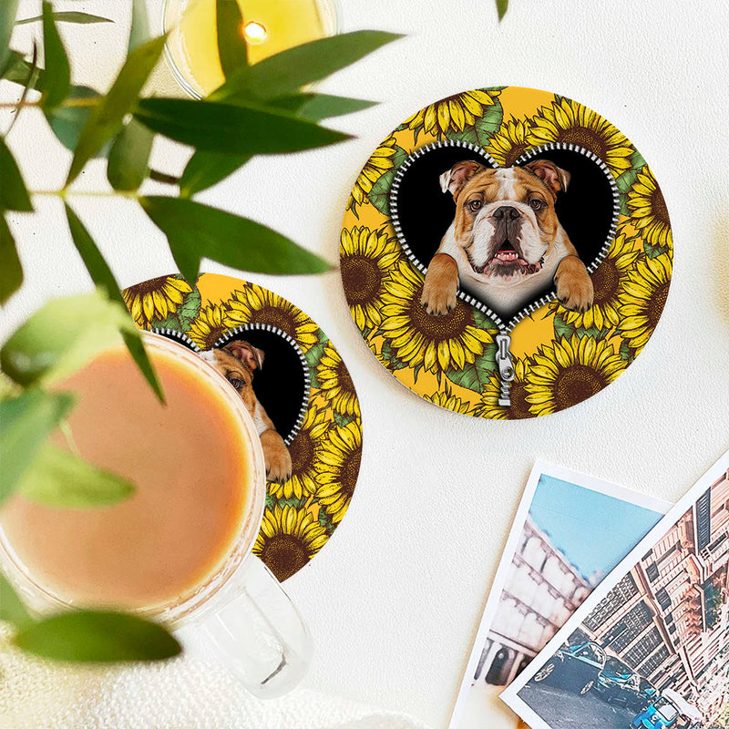 Bull Dog Sunflower Zipper Ceramic Decor Coaster - Gift Idea