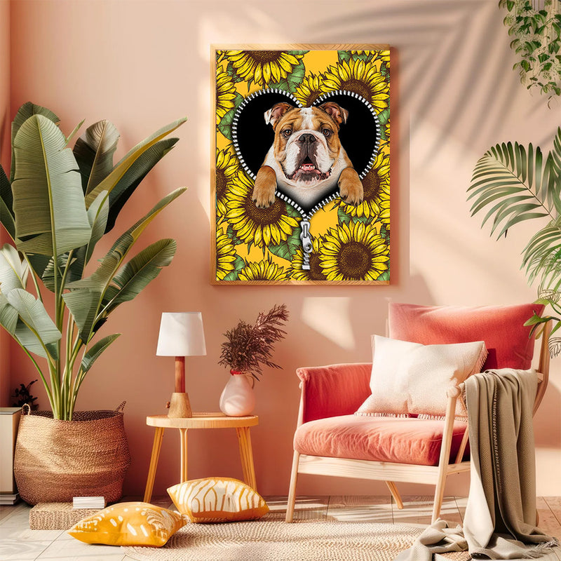 Bull Dog Sunflower Zipper - Living Room - Canvas Wall Art - Print - Wall Decor