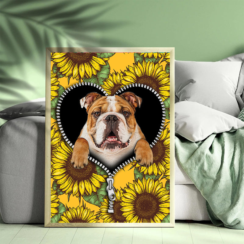 Bull Dog Sunflower Zipper - Living Room - Canvas Wall Art - Print - Wall Decor