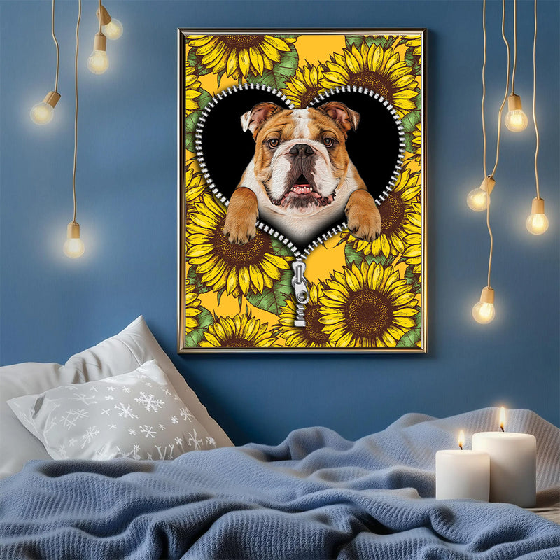 Bull Dog Sunflower Zipper - Living Room - Canvas Wall Art - Print - Wall Decor