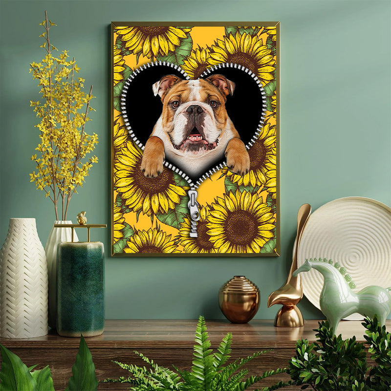 Bull Dog Sunflower Zipper - Living Room - Canvas Wall Art - Print - Wall Decor