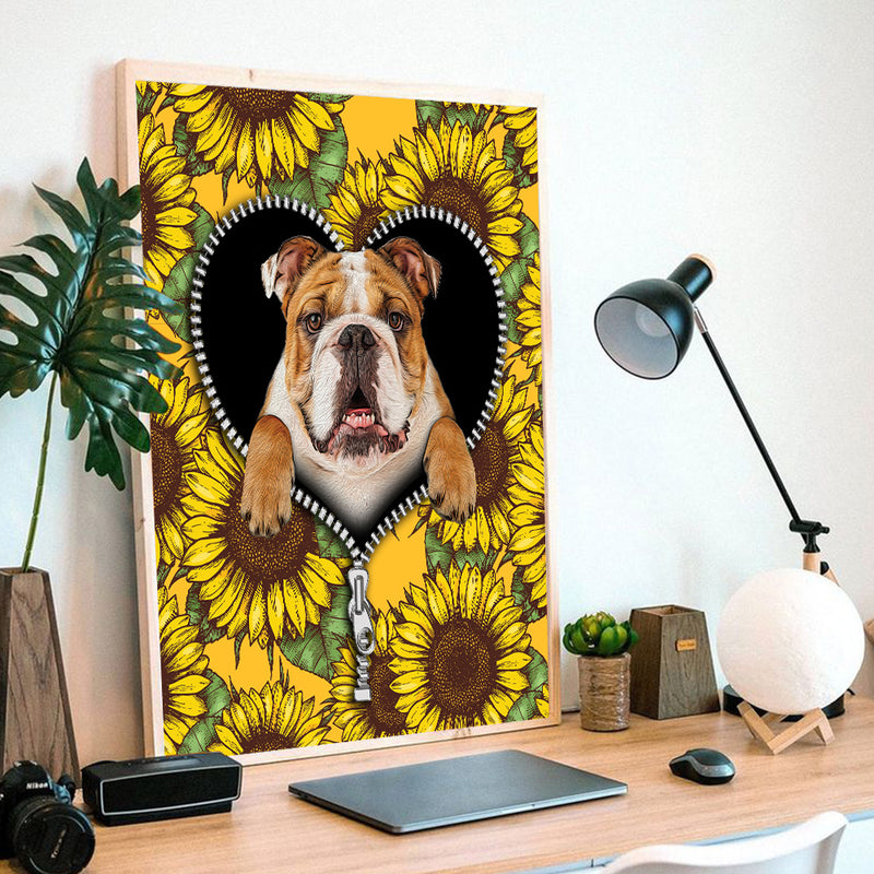 Bull Dog Sunflower Zipper - Living Room - Canvas Wall Art - Print - Wall Decor