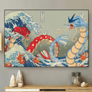 Red Vs Blue Gyarados Pokemon The Great Wave Japan - Living Room - Canvas Wall Art - Print - Wall Decor