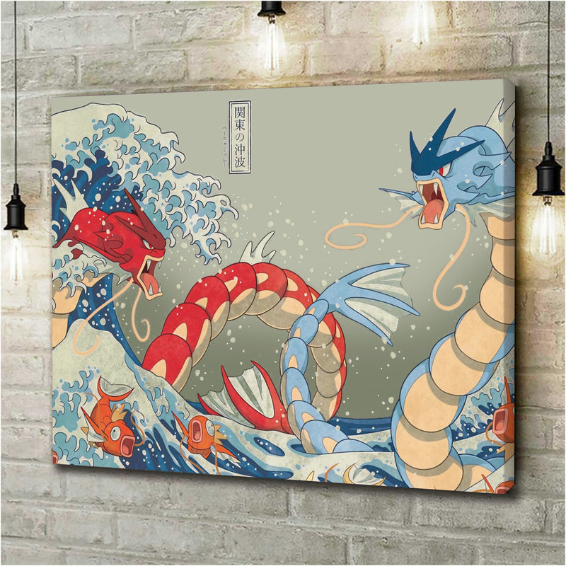 Red Vs Blue Gyarados Pokemon The Great Wave Japan - Living Room - Canvas Wall Art - Print - Wall Decor