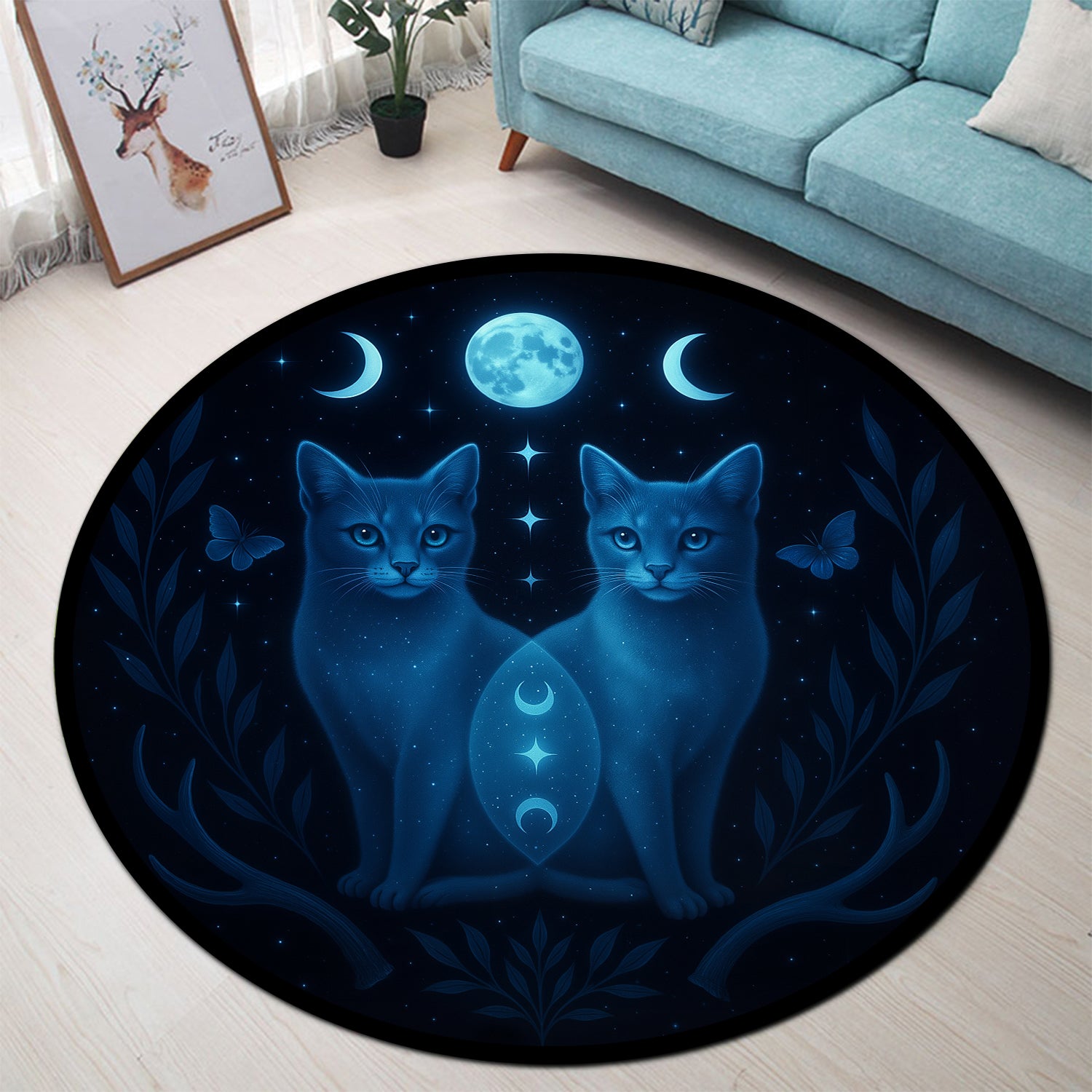 Moon Face Rug Celestial Twin Cats Moon Phase Carpet Round Rug