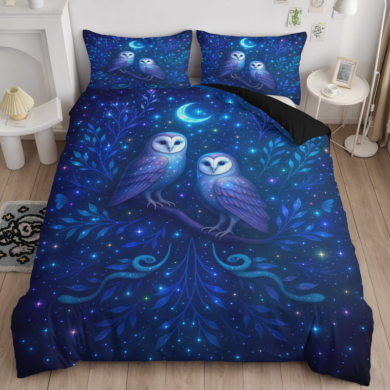 Twin Moon Owls Celestial Bedding Set