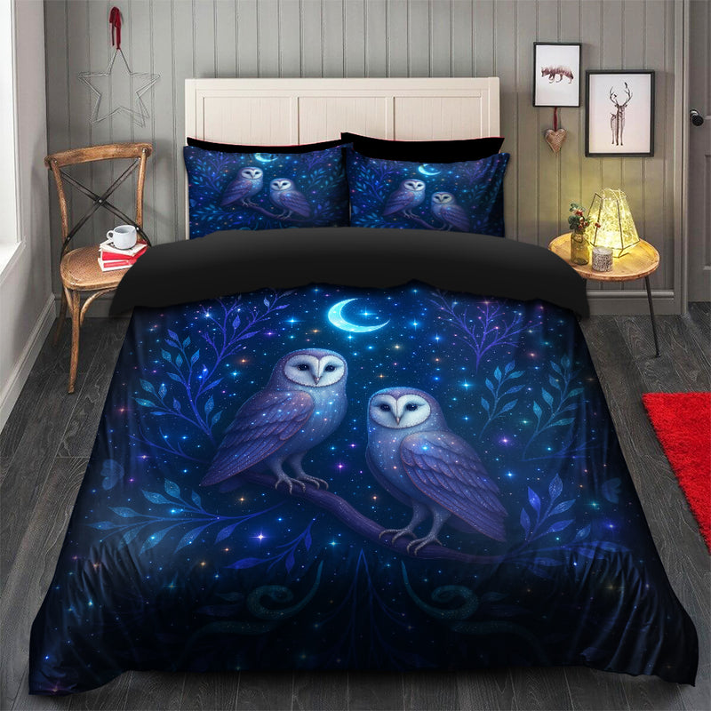 Twin Moon Owls Celestial Bedding Set