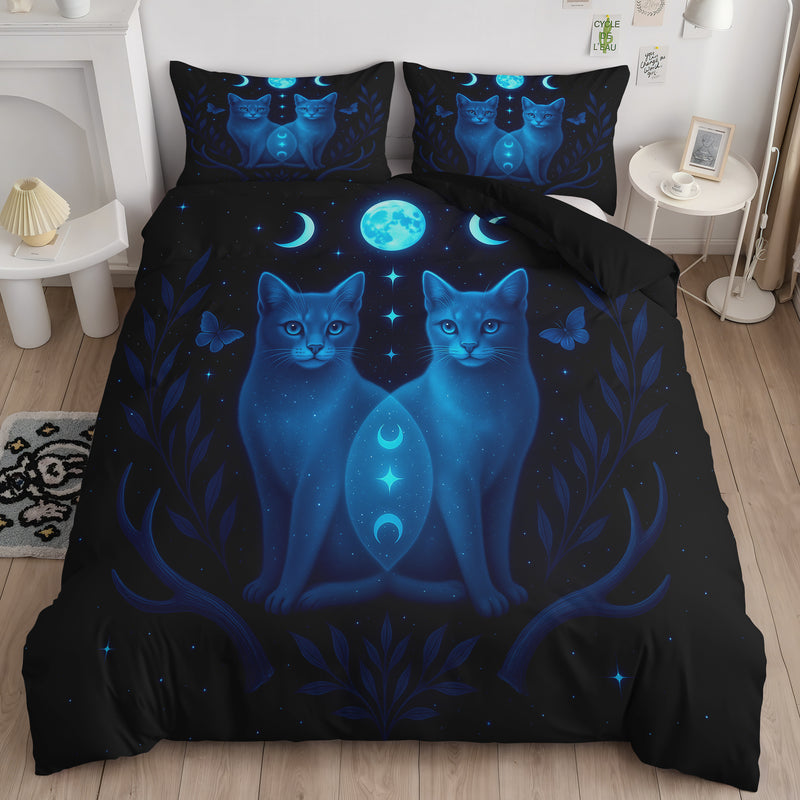 Celestial Twin Cats Moon Phase Bedding Set