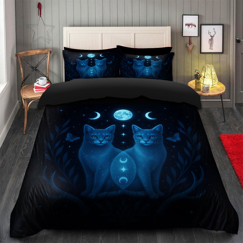 Celestial Twin Cats Moon Phase Bedding Set