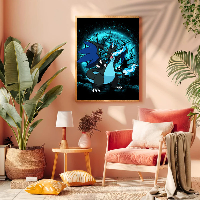 Charizard Mega X Pokemon Moonlight - Living Room - Canvas Wall Art - Print - Wall Decor