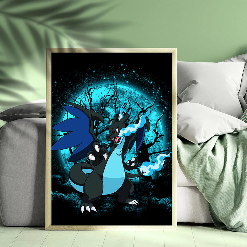 Charizard Mega X Pokemon Moonlight - Living Room - Canvas Wall Art - Print - Wall Decor