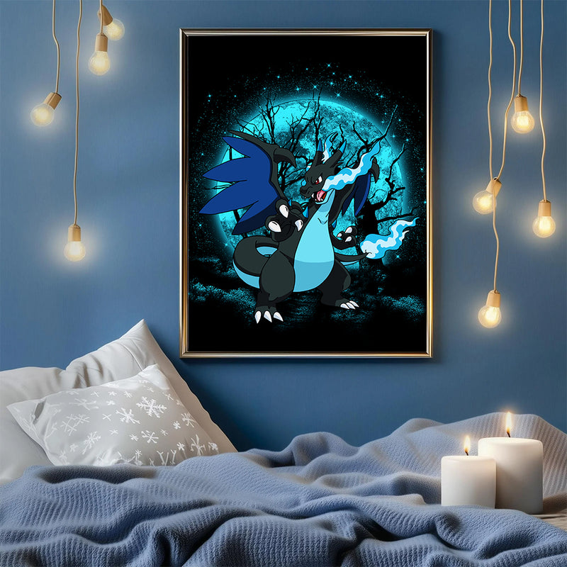 Charizard Mega X Pokemon Moonlight - Living Room - Canvas Wall Art - Print - Wall Decor