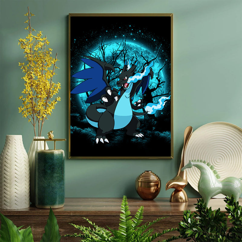 Charizard Mega X Pokemon Moonlight - Living Room - Canvas Wall Art - Print - Wall Decor