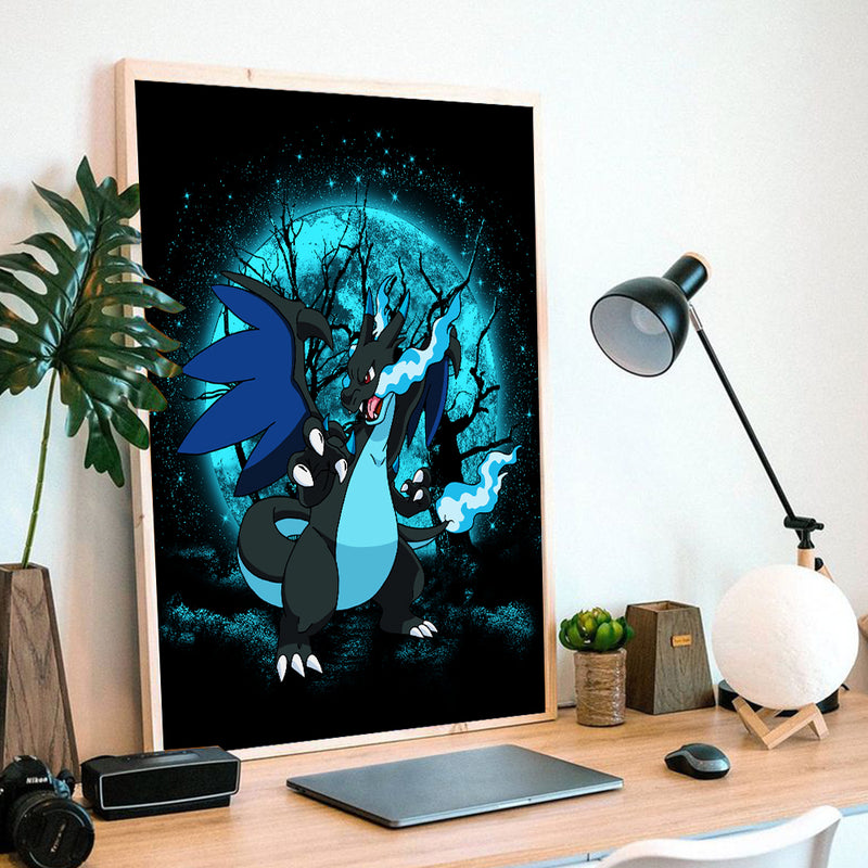 Charizard Mega X Pokemon Moonlight - Living Room - Canvas Wall Art - Print - Wall Decor