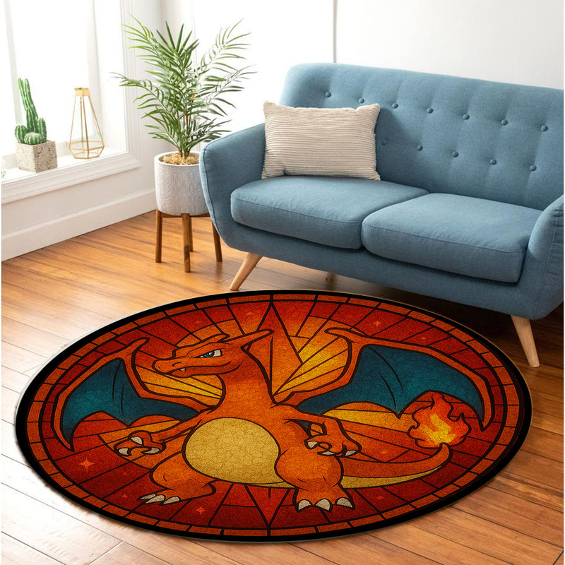 Charizard Dragon Pokemon Stained Glass Round Rug