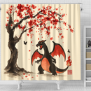 Charizard Pokemon Under Cherry Blossom Japan Ink Style Shower Curtain