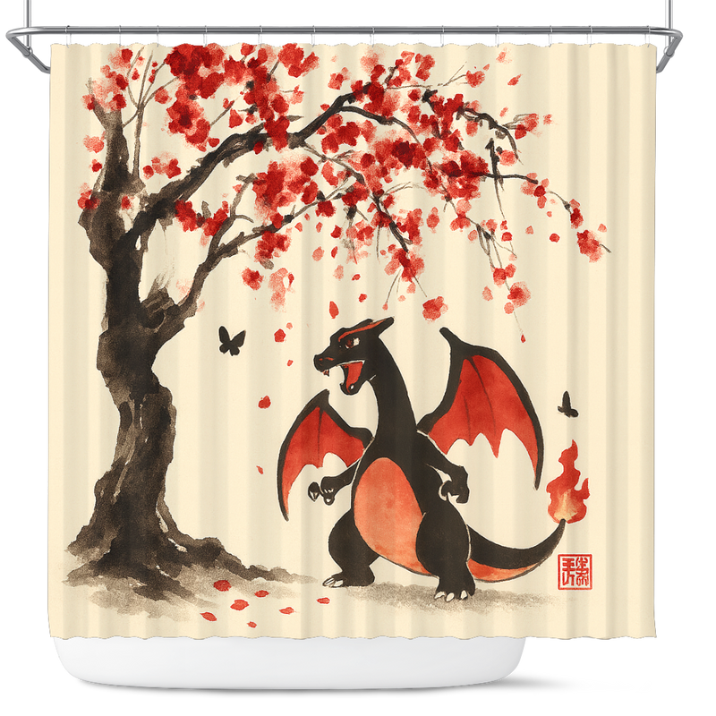 Charizard Pokemon Under Cherry Blossom Japan Ink Style Shower Curtain