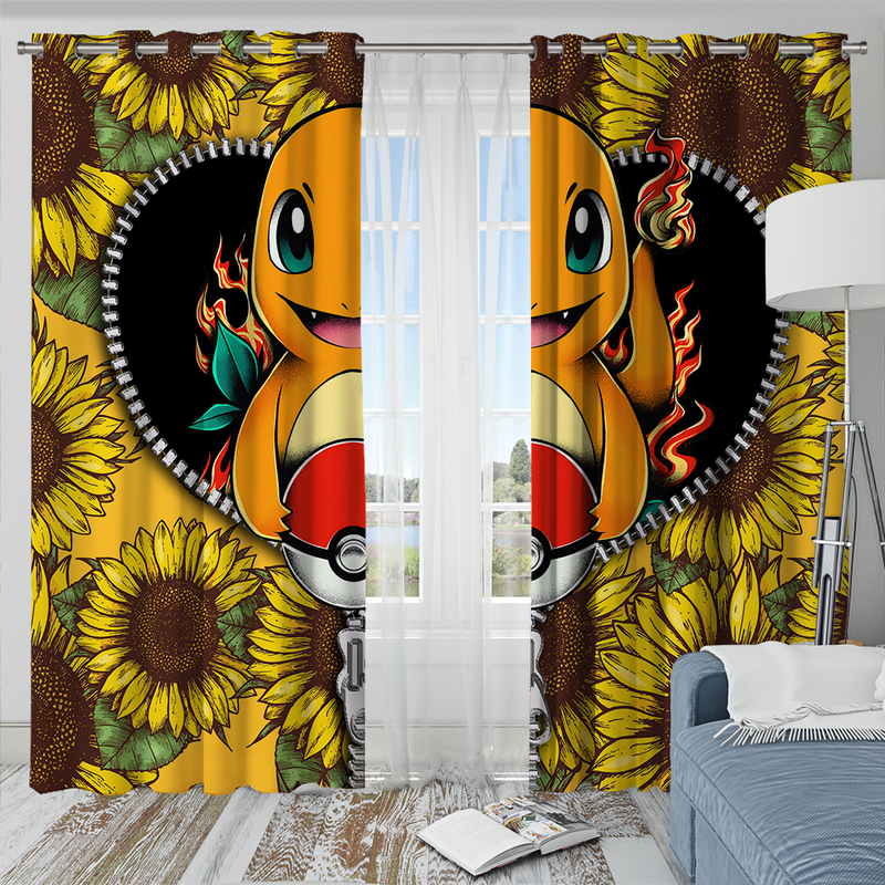 Charmander Pokemon Sunflower Zipper Window Curtain