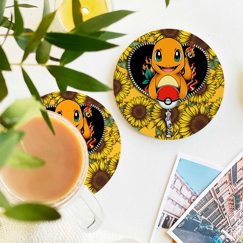 Charmander Pokemon Sunflower Zipper Ceramic Decor Coaster - Gift Idea
