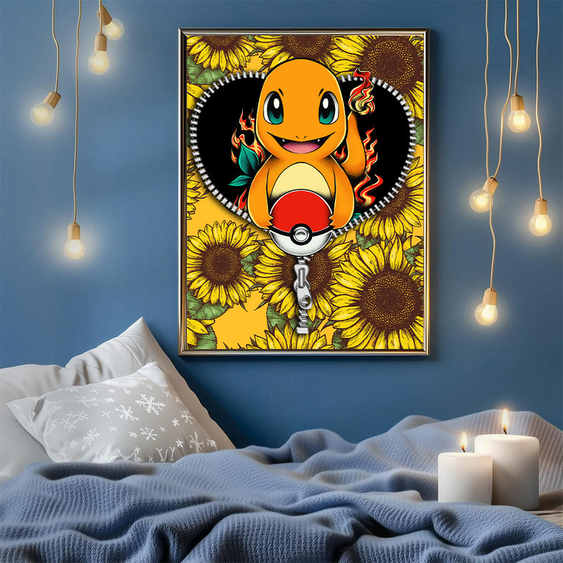 Charmander Pokemon Sunflower Zipper - Living Room - Canvas Wall Art - Print - Wall Decor