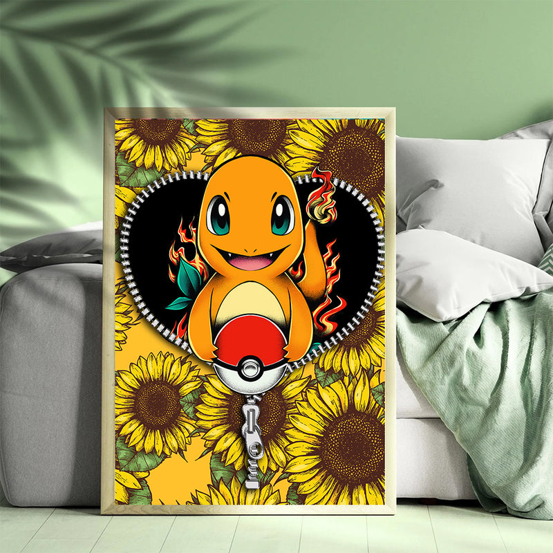 Charmander Pokemon Sunflower Zipper - Living Room - Canvas Wall Art - Print - Wall Decor