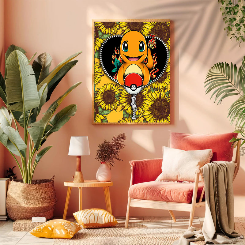 Charmander Pokemon Sunflower Zipper - Living Room - Canvas Wall Art - Print - Wall Decor