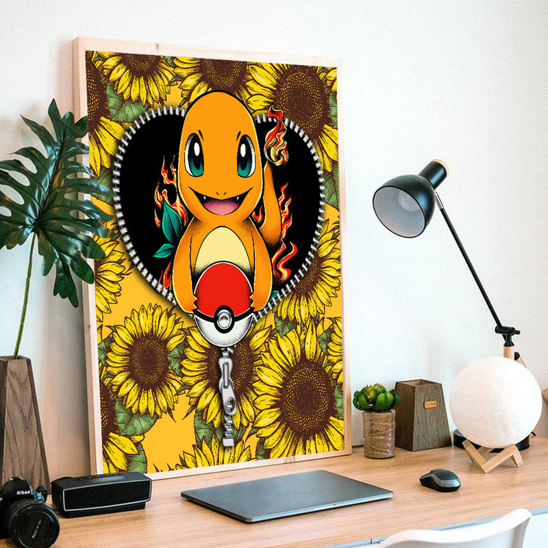 Charmander Pokemon Sunflower Zipper - Living Room - Canvas Wall Art - Print - Wall Decor