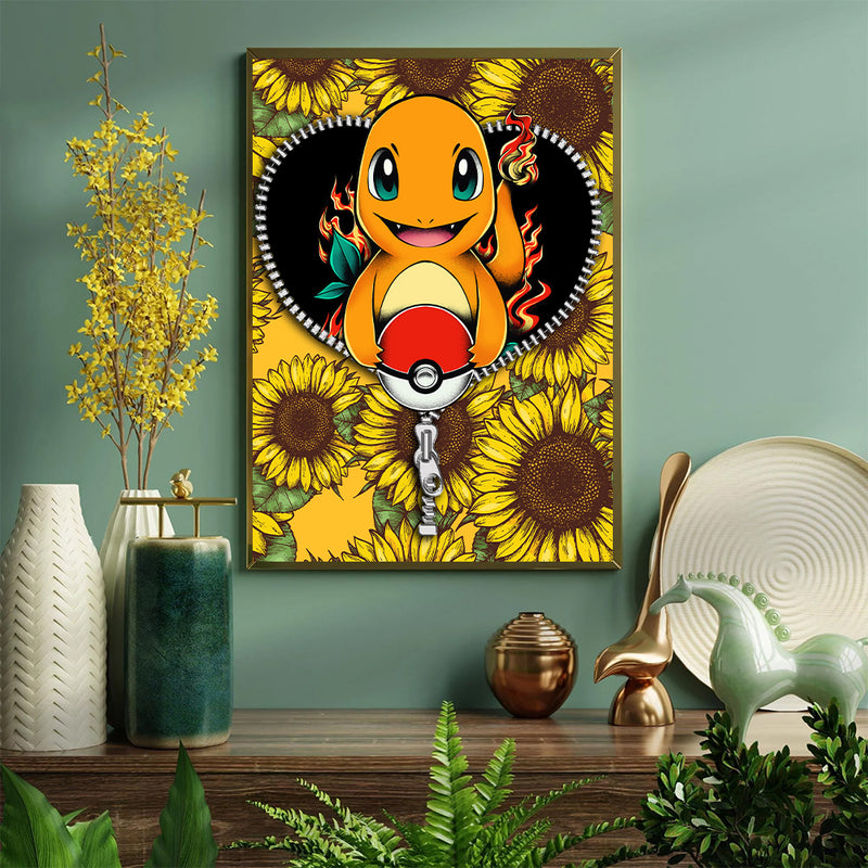 Charmander Pokemon Sunflower Zipper - Living Room - Canvas Wall Art - Print - Wall Decor