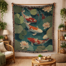 Koi Fish Pond Serenity Japanese Lotus Woven Throw Blanket