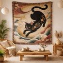 Floral Black Cat Japanese Inspired Art Woven Throw Blanket