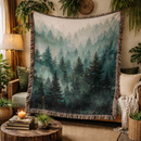 Misty Mountain Forest Nature Green Pines Scenery Woven Throw Blanket