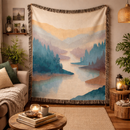 Misty Mountain Forest Nature Green Pines Scenery Woven Throw Blanket