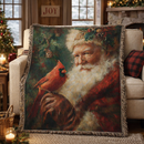 Traditional Santa Claus with Cardinal Christmas Woven Throw Blanket