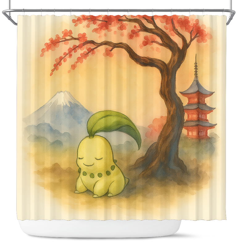 Pokemon Chikorita Japan Cherry Blossom Shower Curtain