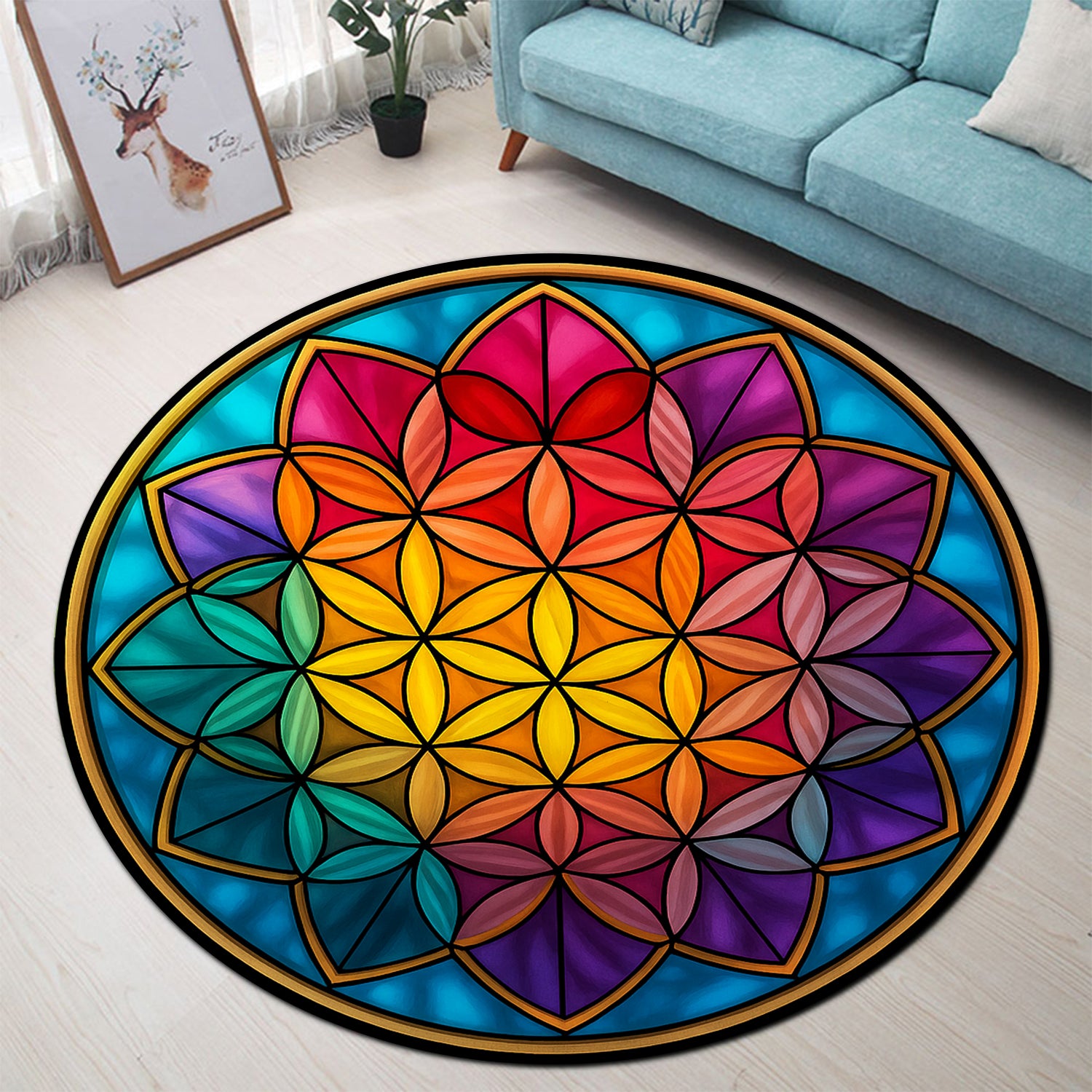 Stained Glass Rug Design Colorful Flower Of Life Mandala Stained Stained Glass Round Rug