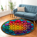 Colorful Flower Of Life Mandala Stained Stained Glass Round Rug